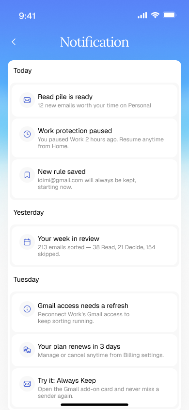 Review updates and saved rules · app design preview
