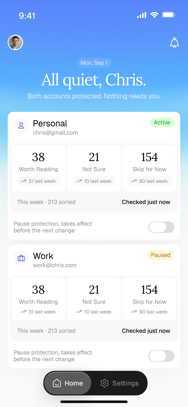 Your quieter inbox · app design preview